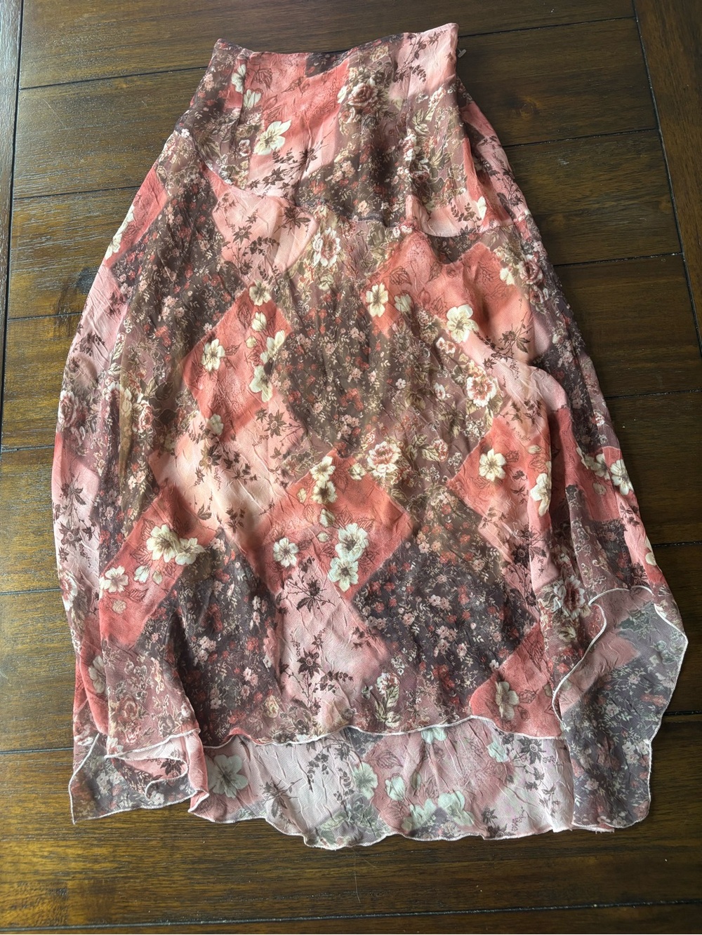 Floral Patchwork Maxi Skirt in Coral Pink and Brown